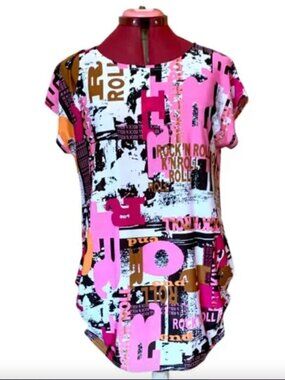 LOBO / Pink B&W - Graphic Print Women's Top Tunic short sleeves/ Large
